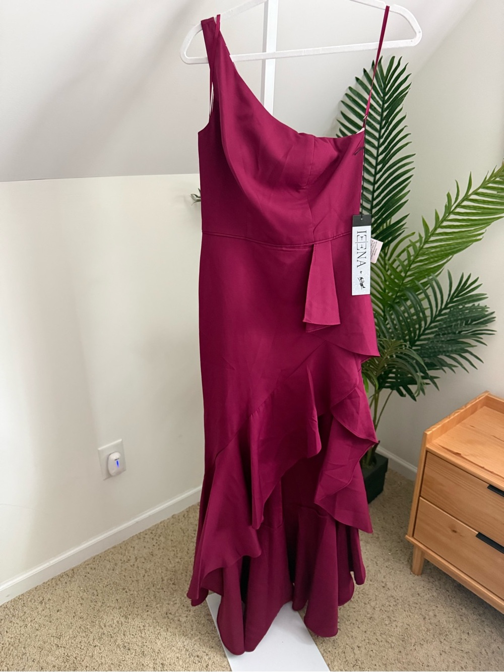 Mac Duggal 49089 One Shoulder High Slit Ruffle Gown 2 Berry - Picture 2 of 4